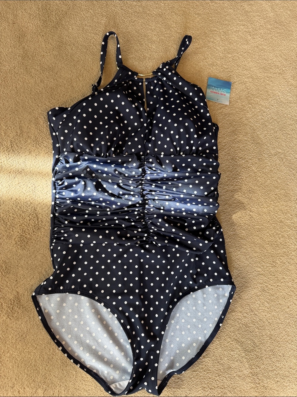 Ruby Ribbon Women’s Navy Polka Dot Ruched Halter Tank Top.  Slimming